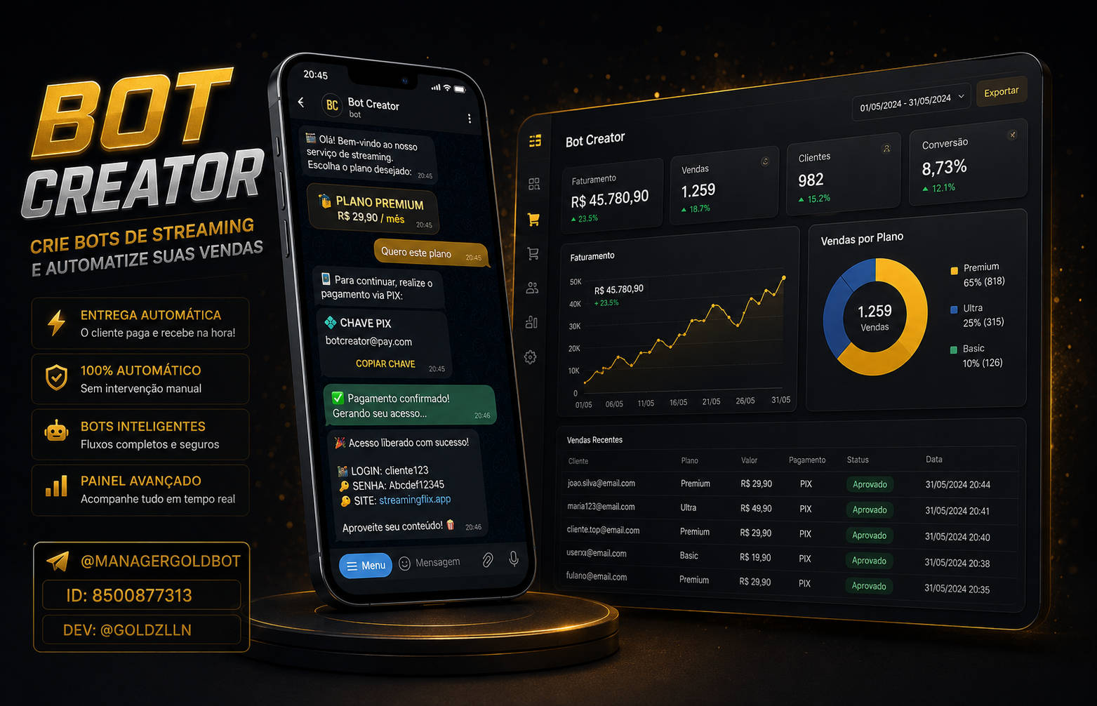 Mockup GoldBot — bot Telegram e painel de vendas